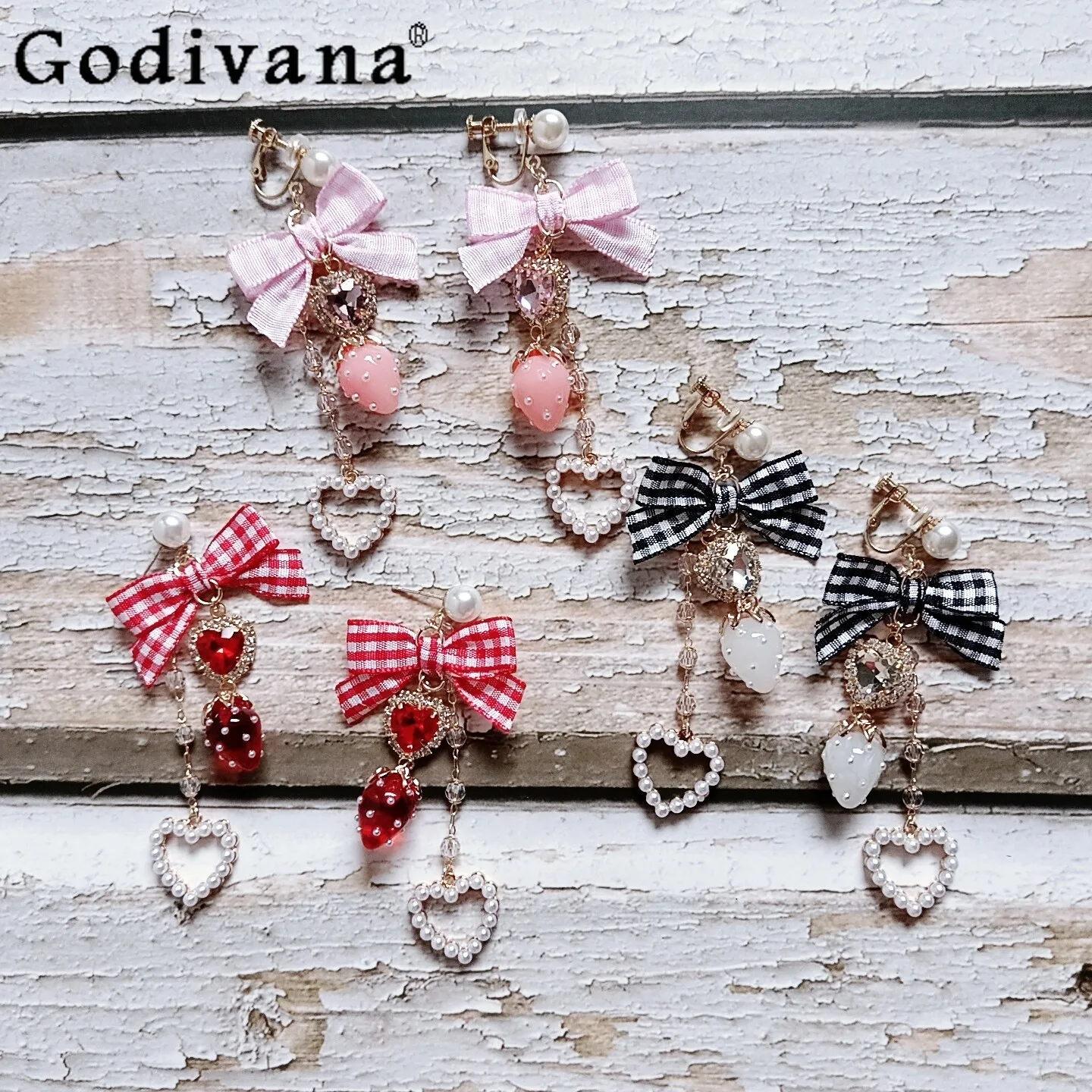 

Original Handmade Japanese Mine Mass Production Lolita Accessories Girls Woman's Sweet Cute Strawberry Bow Earring Ear Clip