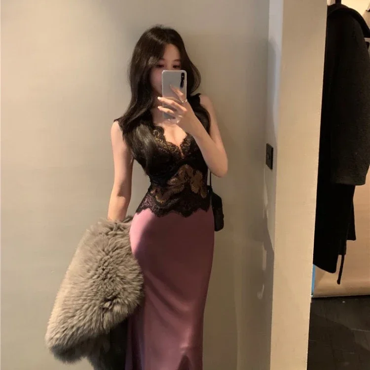 Vestido de Verano 2026 Sexy de Encaje para Mujer, Vestidos Ajustados Vintage de Moda con Cintura Delgada, Vestidos Y2K E-Girl de Longitud Media para Mujer