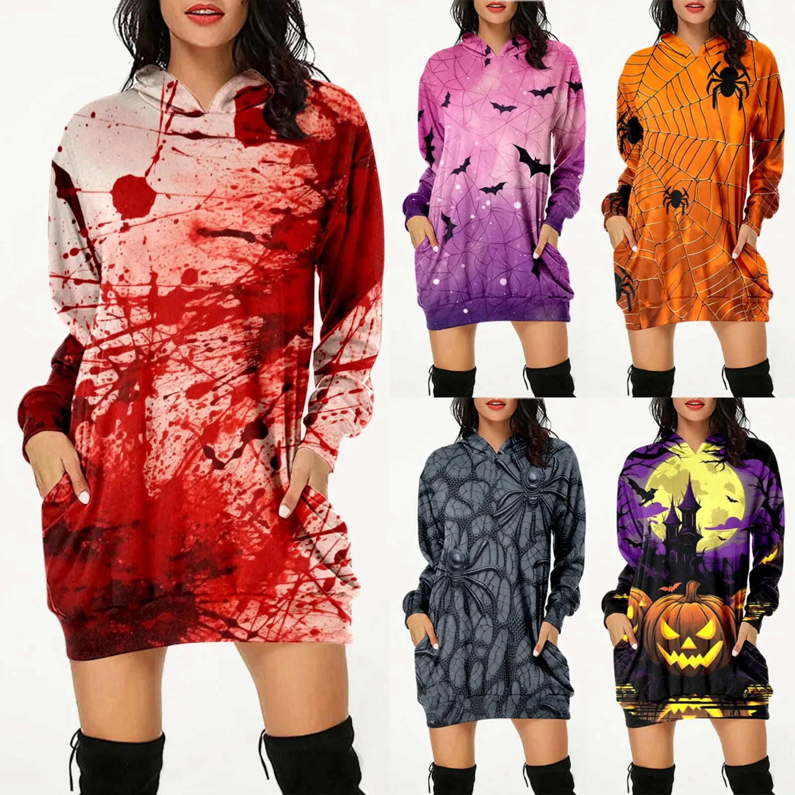 

Halloween Printed Hoodie Dress Pumpkin Women's Daily Workout Hoodies Long Sleeve Pullover Autumn Winter Loose Tee Traf Vestido