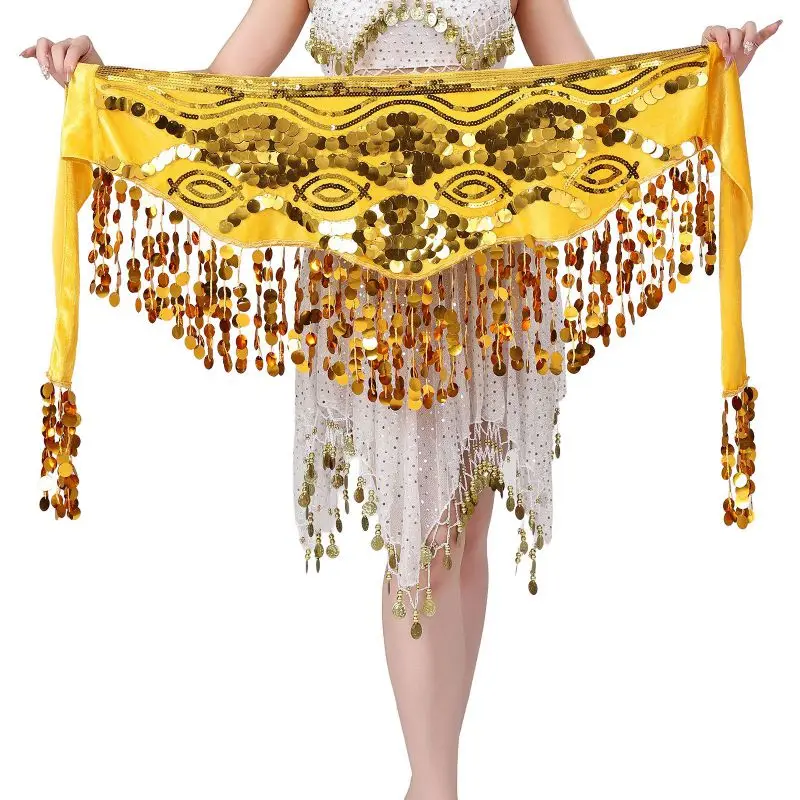 Women Sequin Hip Scarf Shiny Tassel Belly Dance Waist Chain Skirt Female Costume Party Wrap Belt Stage Performance Clothes