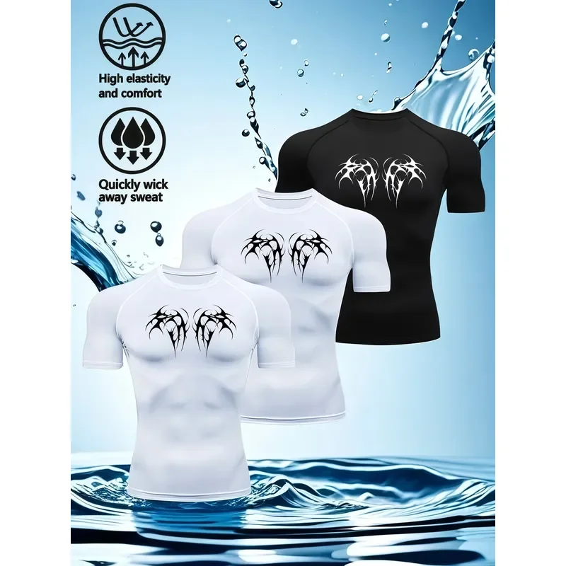 3PCS Men's compression fitness shirt geometric pattern high elastic stretchable tight fit moisture wicking quick dry