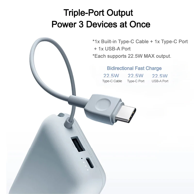 10000mAh Power Bank Super Fast Charging 22.5W With Built-in Data Cable Two-way Fast Charging For iPhone Samsung Redmi