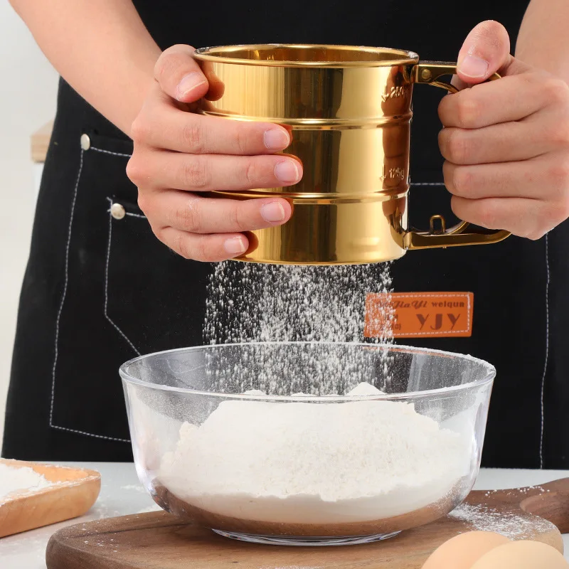 Creative Stainless Steel Flour Filter Cup Baking Tool, Hand-pressed Semi-automatic Flour Sieve with Graduated Cup Screen