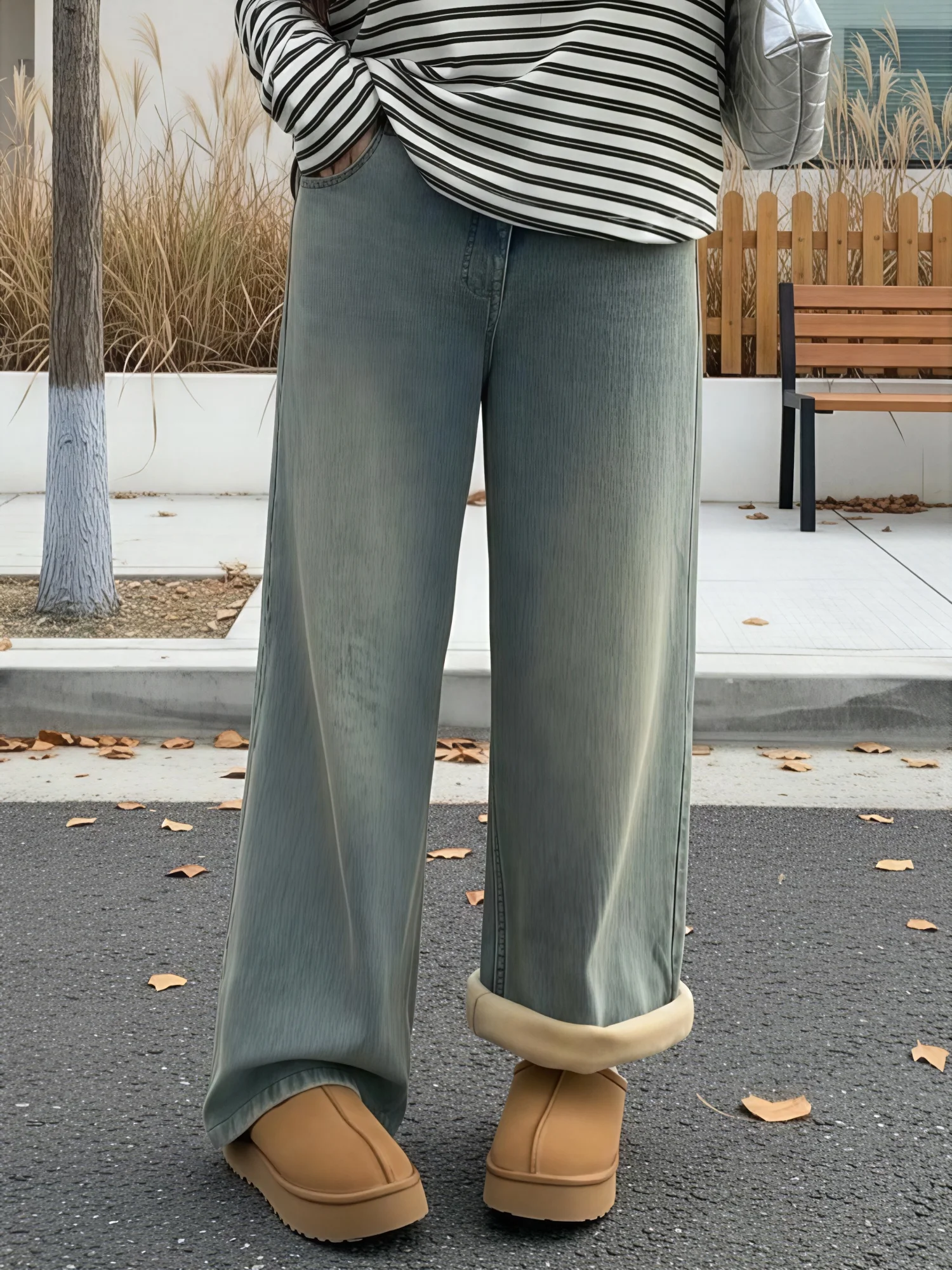 

plus Size Women's Winter Casual Fleece Lined Wide Leg Jeans High Waist Cotton Blend Comfortable Commute Fashion plus Size Jeans