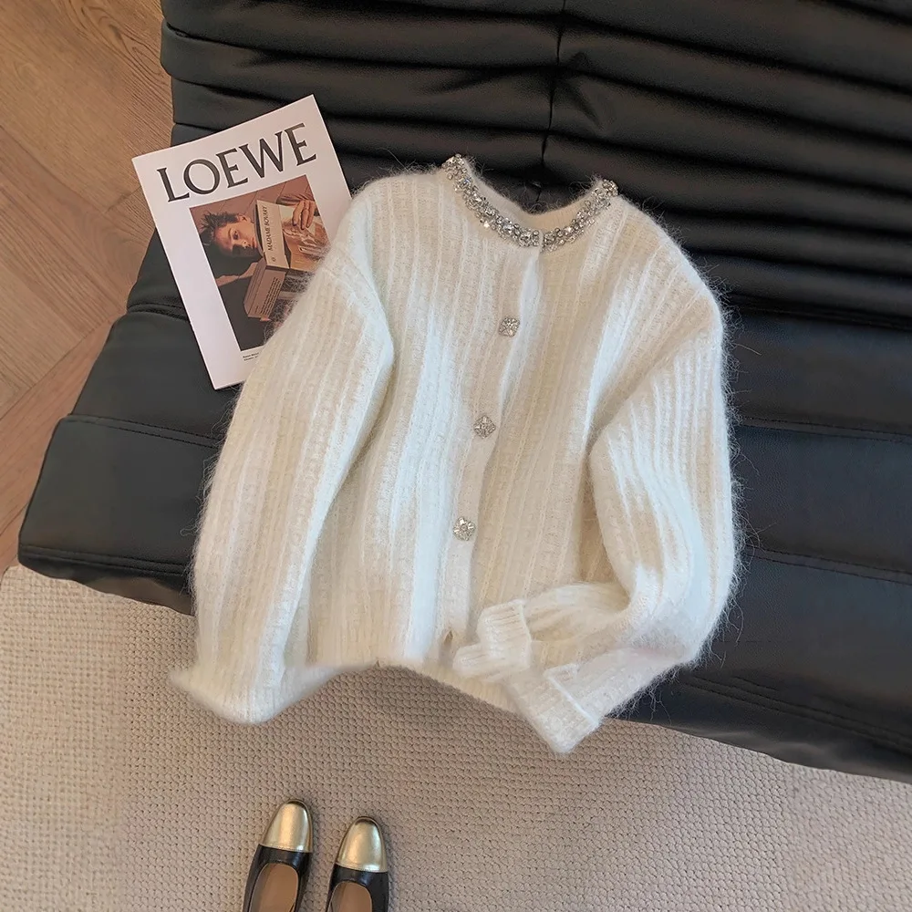 

French Style Hot Diamonds Women's Knitted Cardigan Autumn Winter Knitwear Fashion Crystal Diamond Button Soft Sweater Coat