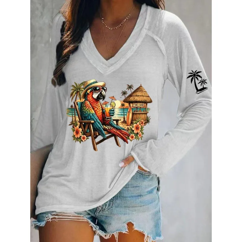 Ilstile Women's Parrot Print T-Shirts Spring Summer Long Sleeve T Shirt Music Festival Casual Loose V Neck Tops White Green
