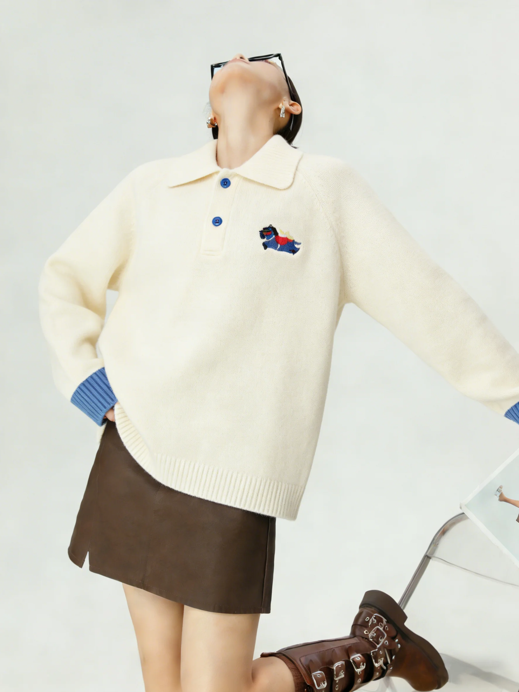 

Women's Knitted Zipper Embroidered Small Sweater Spring 2026 Casual Loose Fit Long Sve Vintage Sle Top