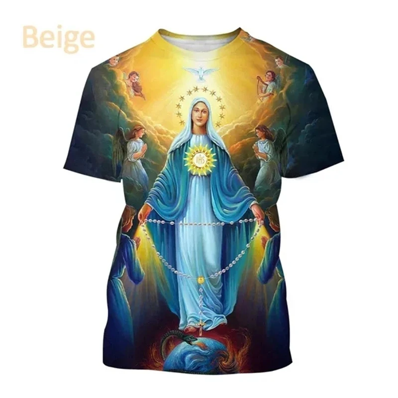 Virgin Mary 3D Printing T Shirt Summer Fashion Christian Mother Of God Pattern Short Sleeved Unisex Street Faith Casual T-Shirt