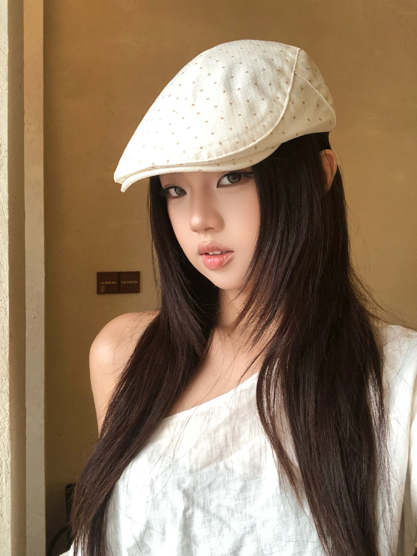 Retro Polka Dot Beret Hat Women's Summer Thin Face Slimming Fashionable Versatile Report Boy Capsule round Top Short Brim