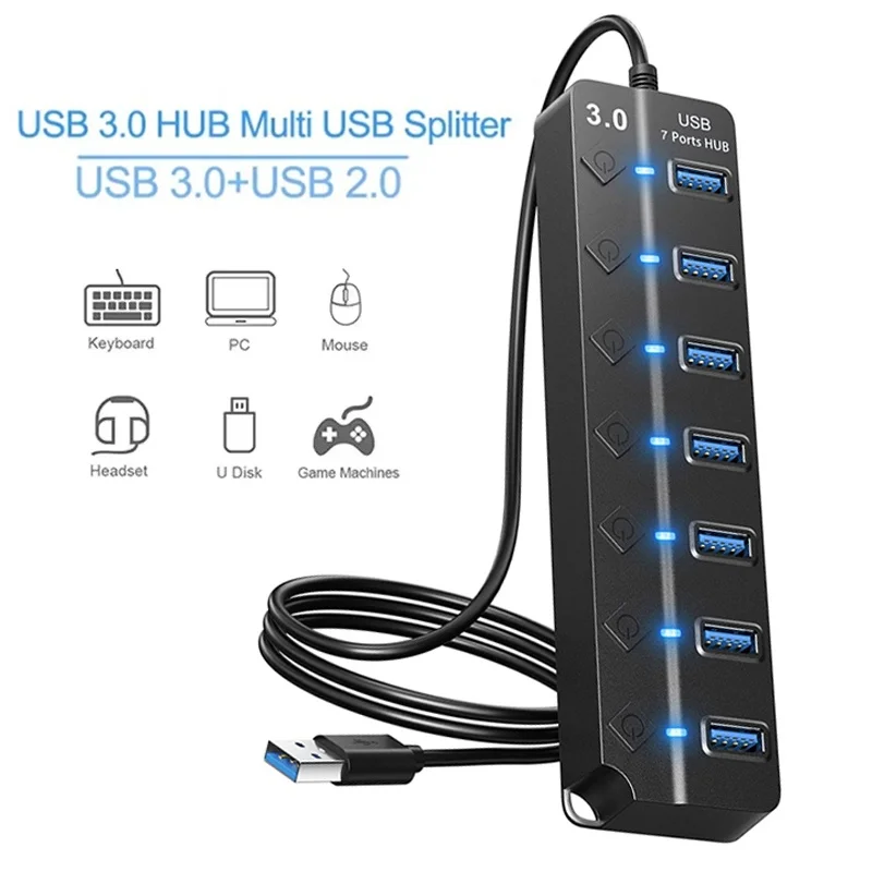 120cm USB 3.0 Power Adapter 4/7 Port Multi Splitter Hub USB Hub Expander Switch Docking Stations 5V 2A Power For Computer Laptop