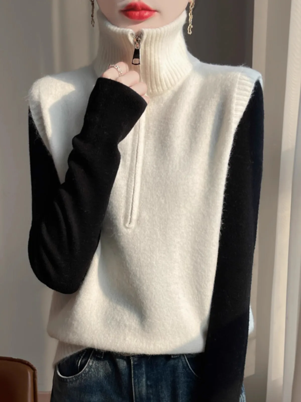 

Sli High Collar Knitted Vest Casual Sweater f Zipper Layering Svel Faionable Warm Women's All-Match Tank Top