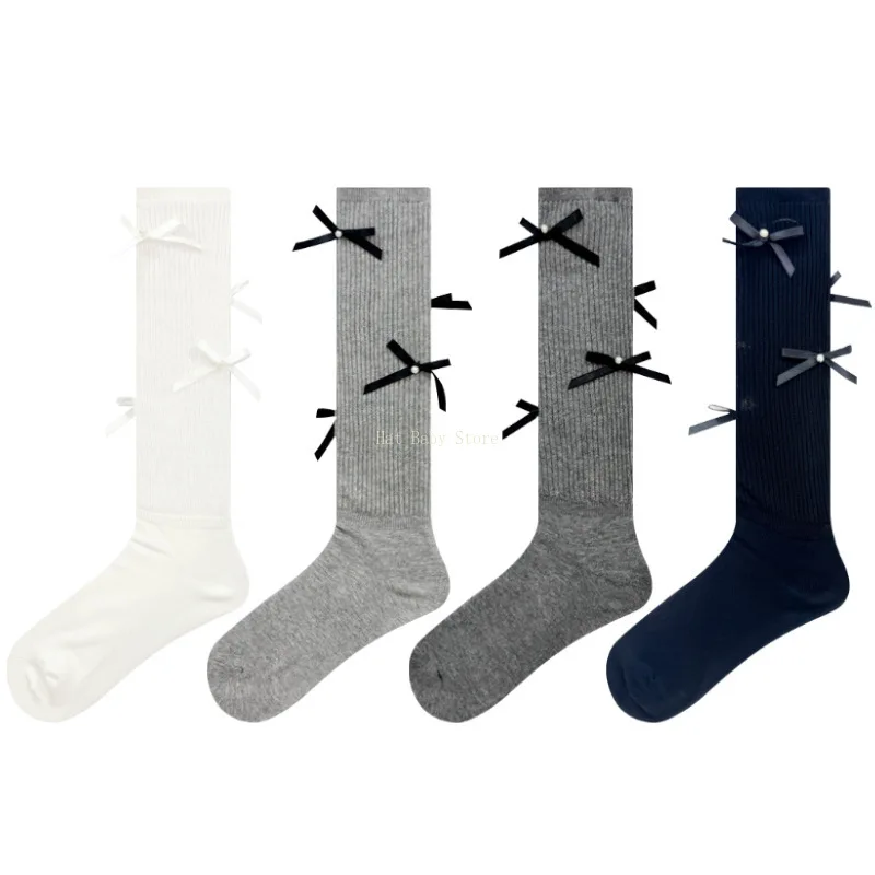 1 Pair Kawaii Ballet Style Lolita Long Socks Bandage Bowknot Thin Style JK Stockings Transparent Thigh Stockings for Women Girls