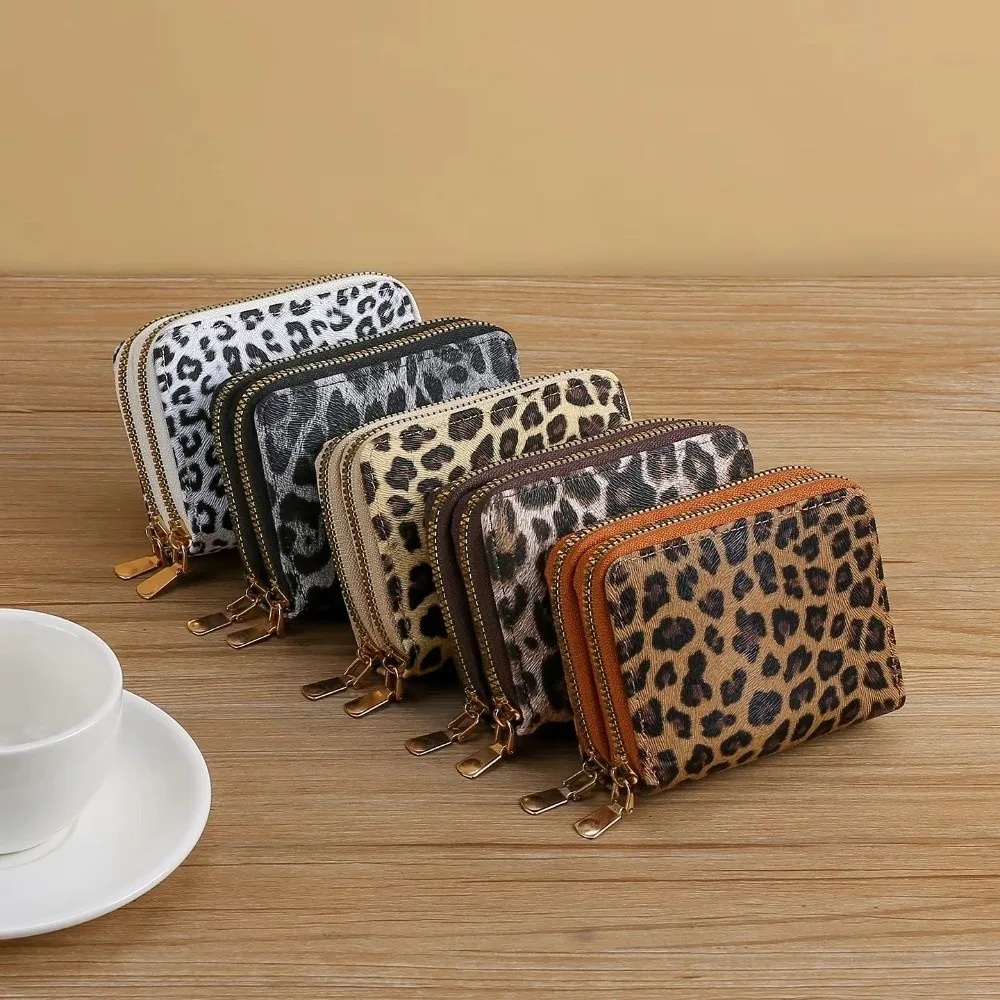 Cute Leopard Print Short Wallet Double Zipper Multi Card Slot Card Holder Large Capacity PU Leather Coin Pouch For Women