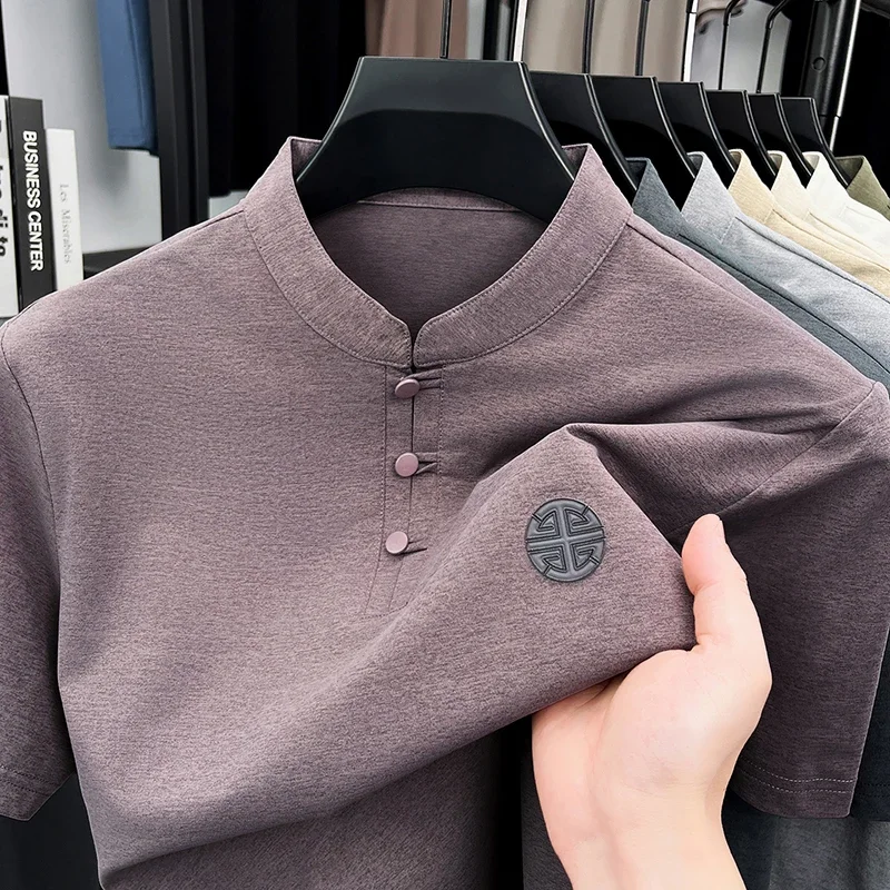 Men's Mandarin Collar Short Sleeve T-Shirt Casual Chinese Style Button Henley Shirt image 6