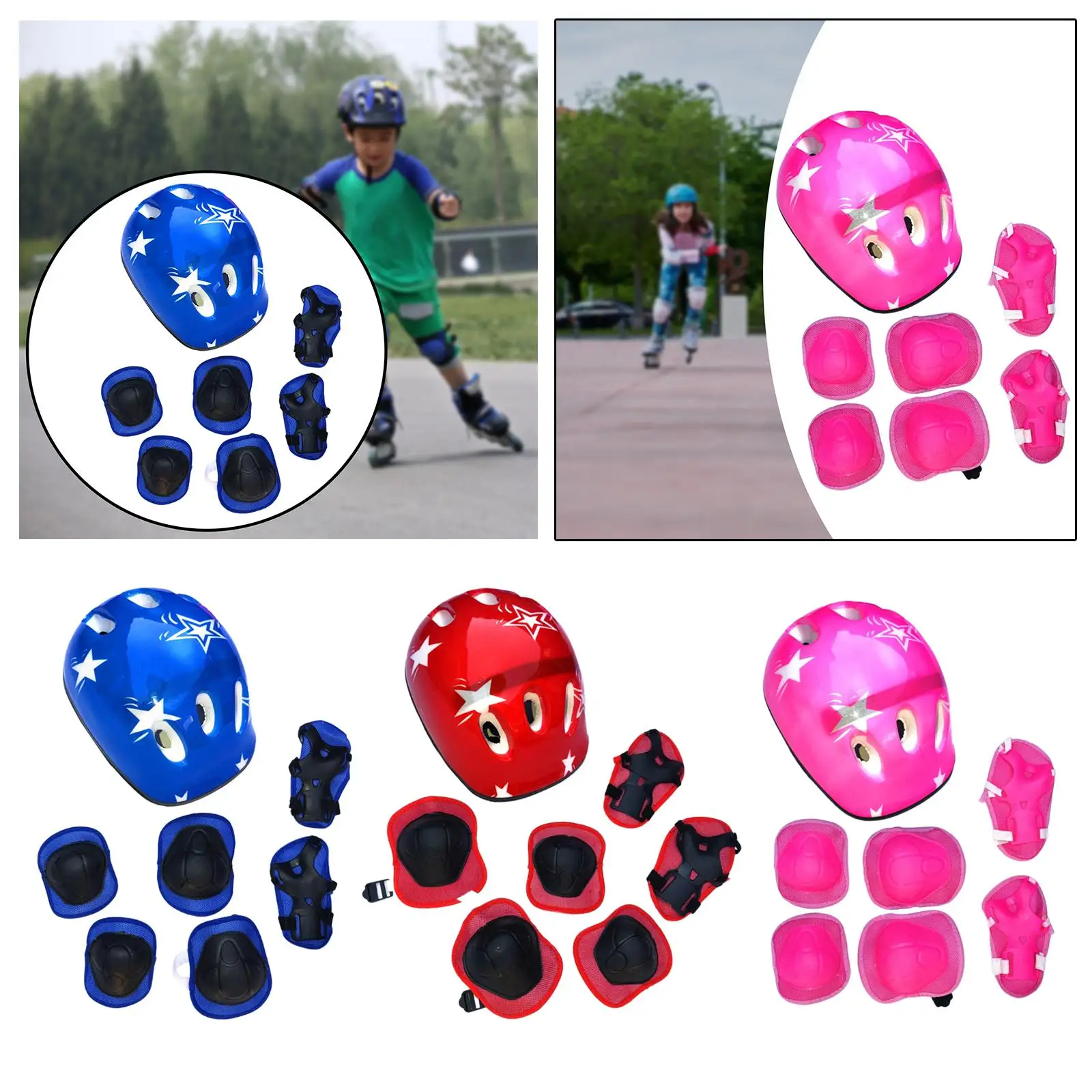 

7Pcs/Set Kids Bicycle Helmet Adjustable Fit Hat Teens Skateboard Helmet for Cycling Roller Skating Rollerblading Sports Boys