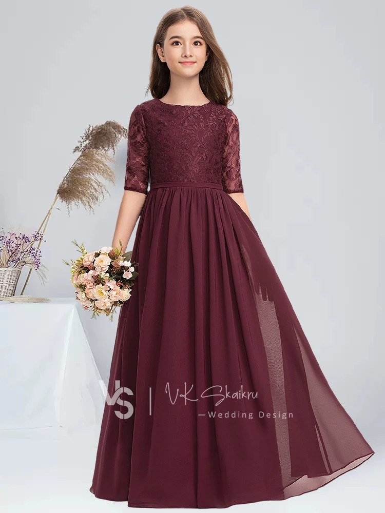 Vestido de dama de honor junior de encaje de gasa hasta el suelo con escote redondo, vestido de princesa Cabernet para niña pequeña, vestido de niña de flores para fiesta de boda