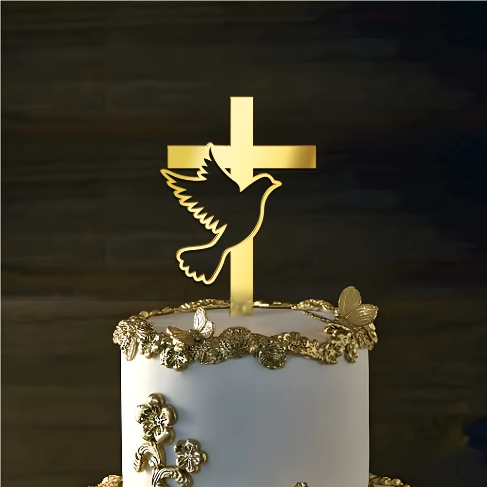 1/5 Stück Goldenes Kreuz & Taube Kuchendeckel Heilige Kommunion Dekor, Taufe Partyzubehör, Erstkommunion Kucheneinsatz Babyparty – Detail 7