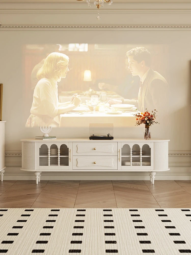 

French Entry Lux Retro Coffee Table TV Stand Cream American Solid Wood Storage Cabinet Integrated