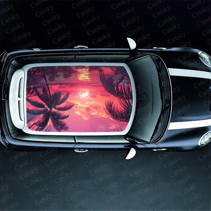 Purple Sunset Palm Tree Car Roof Sticker Wrap Racing SUV Accessories Packaging Painted PVC Custom Car Graphic Decal