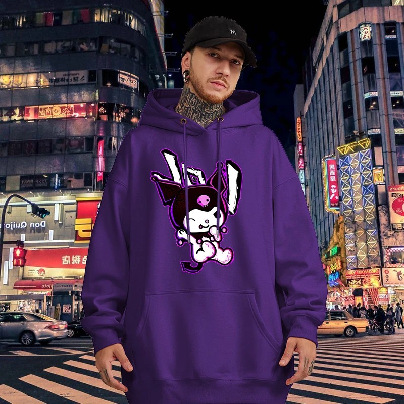 Cartoon Graphic Printed Male Sweatshirts Kawaii Kuromi Classic Pattern Anime Trendy Long Sleeve Men Hoodies Autumn Winter Tops