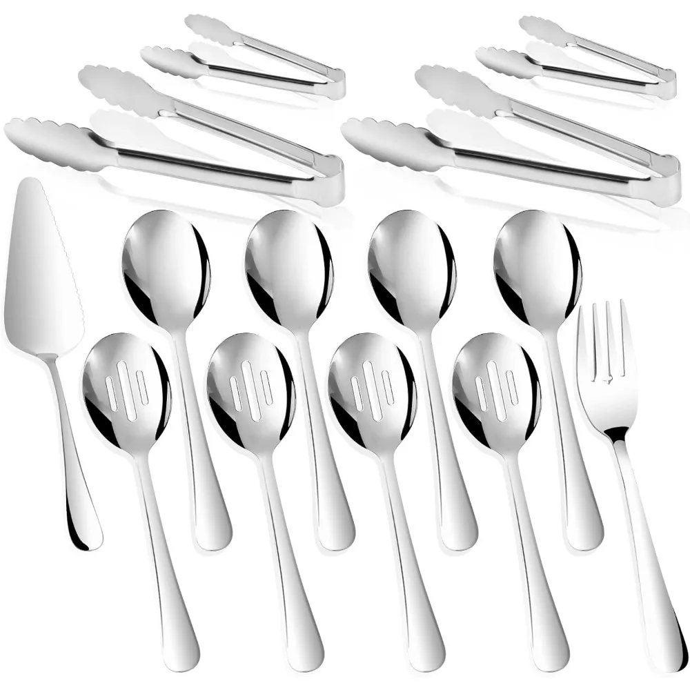 

Набор сервировочных принадлежностей из 14 предметов — 8,7-дюймовая ложка с прорезями из нержавеющей стали, вилка, щипцы, сервер для торта — для шведского стола, свадьбы — серебро