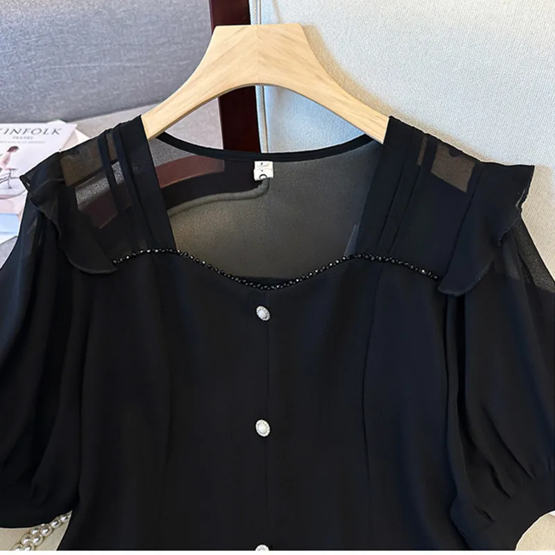 Big Size Women\'s Shirts Black Short Sleeve New Solid Color Chiffon Blouse Female Korean Loose Temperament Thin Cover Crop Tops