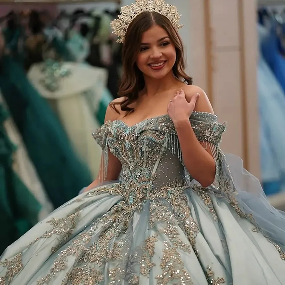 Puffy Charro Quinceanera Dresses Ball Gown Off The Shoulder Appliques Beaded Mexican Sweet 16 Dresses 15 Anos Customized image 3