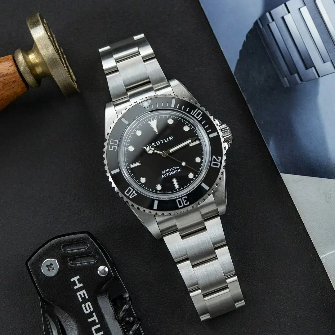 ساعات آلية أوتوماتيكية من Hestur 40 ملم HT1964 ساعة يد رجالية 5517 Milsub Vintage Diver 20bar ياقوت فاخر، SW200/PT5000