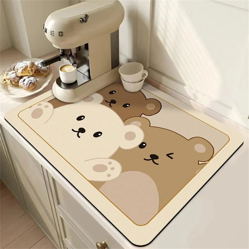 Coffee Machine Cute Bear Drain Mat Kitchen Countertop Simple Cream Absorbent Mat Table Table Washable Dry Non-slip Mat