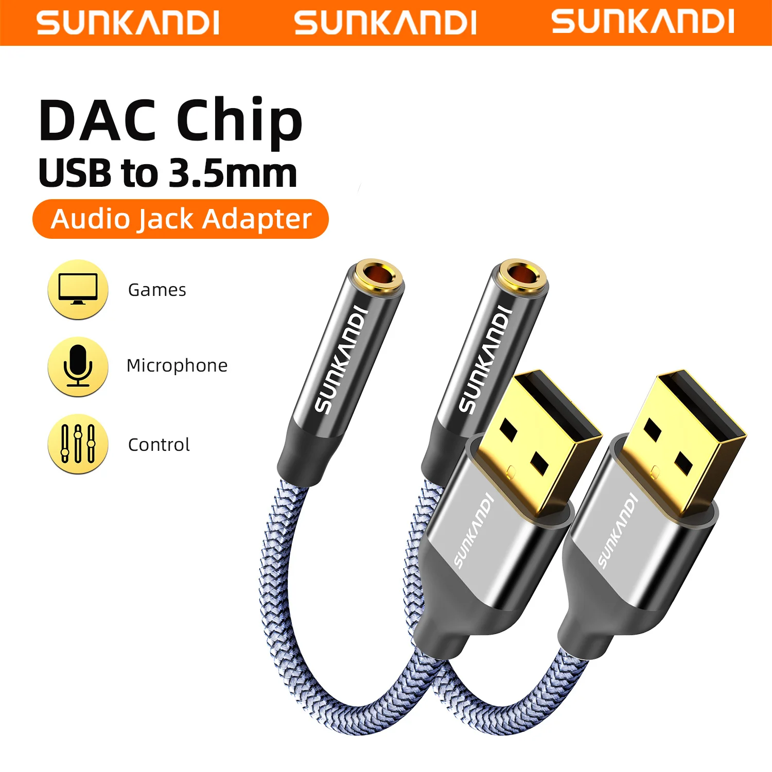 SUNKANDI USB to Audio Jack Adapter（2PCS）, External Sound Card Jack Audio Adapter with 3.5mm Aux Stereo Converter for PC, Laptop