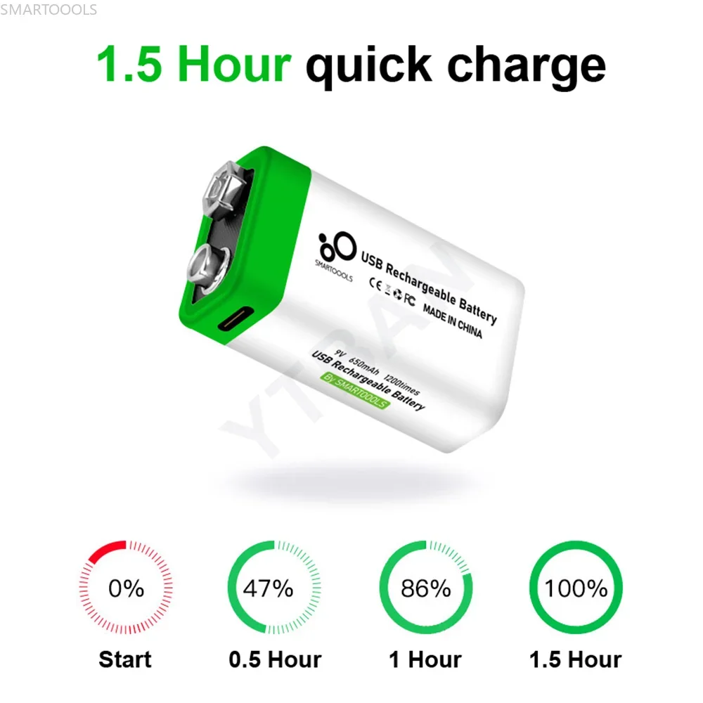 9V 6F22 Li-ion Battery Rechargeable Batteria 650mAh for RC Helicopeter Model Multimeter Microphone +USB Type-C Charging Cable