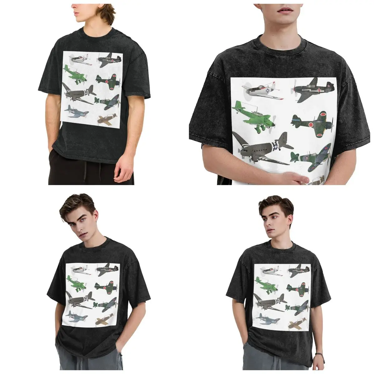 Multiple WW2 Airplanes Hip Hop Short Sleeve T-Shirts Washed Tops Tees Streetwear T Shirt Printed for Men Women