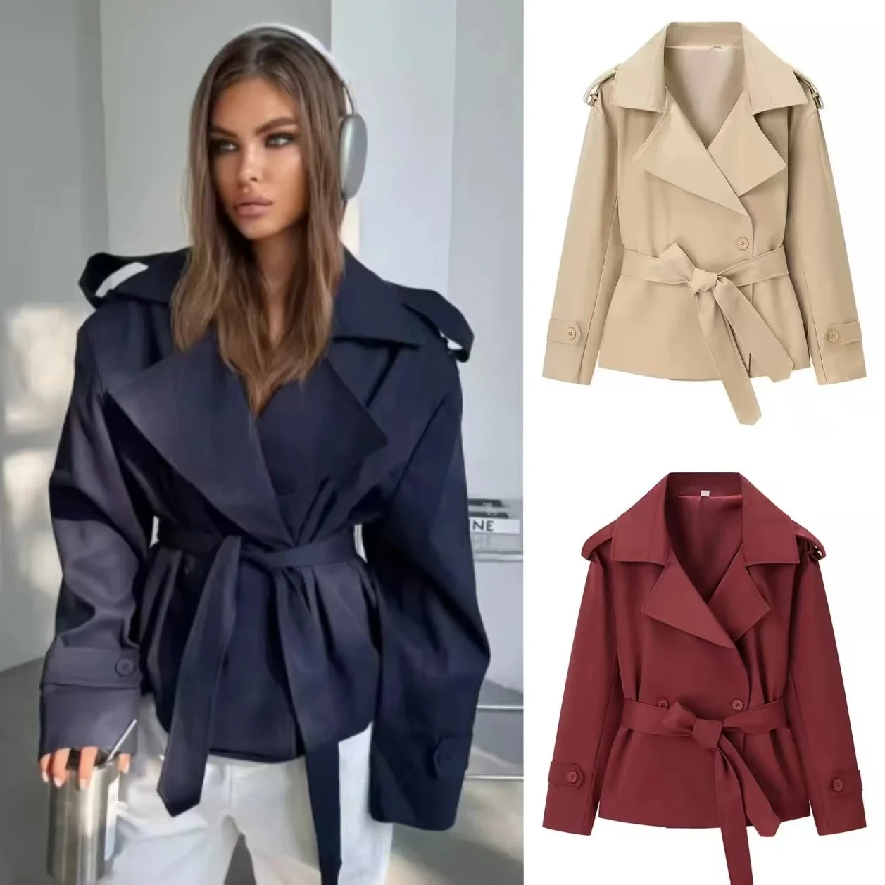 

Spring Autumn New Versatile Solid Color Women Belt Coat Fashion Short Female Casual Windbreaker Coats