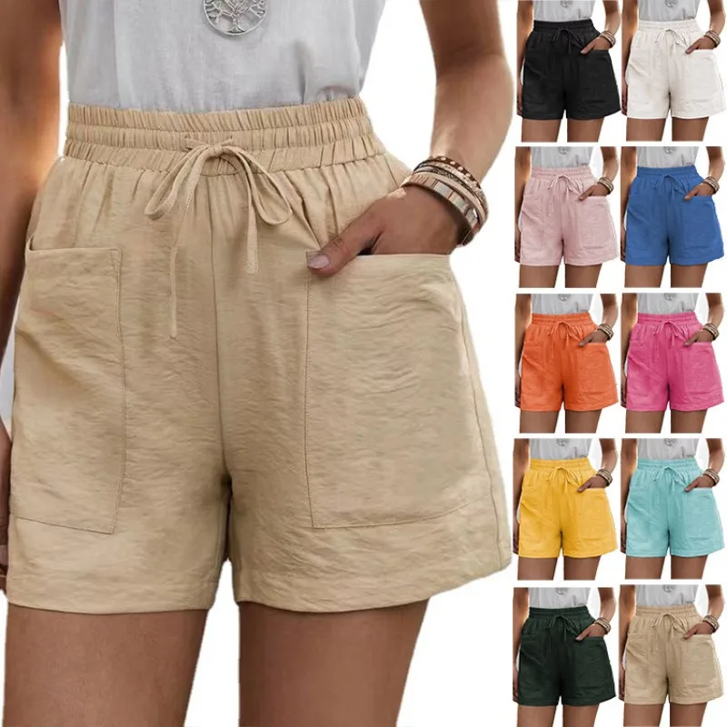 

2025 Summer New Women's Shorts Loose Linen Casual Pockets Solid Color High Waist Wide Leg Pants