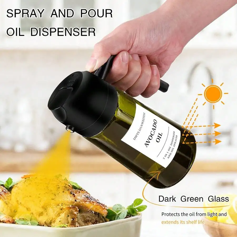2PCS Glass Olive Oil Bottles, 2-In-1 Dropper & Oil Sprayer Kitchen Gadgets, Dark Green Glass For Anti-Oxidation, 16oz/480ml Seasoning Storage Bottles, Oil Sprayer & Dispenser, Perfect Housewarming Gift!