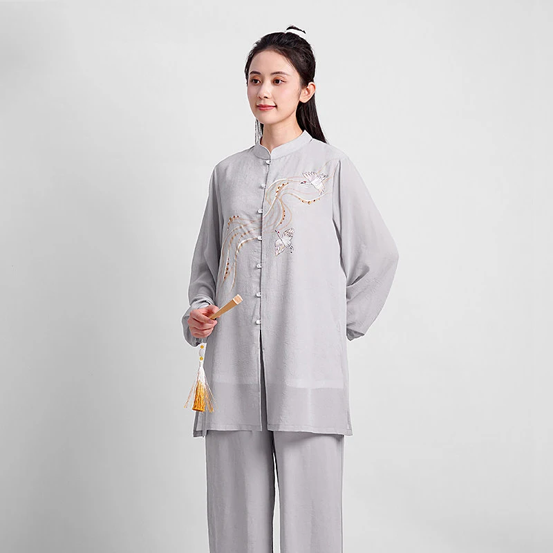 Women's Tang Style Tai Chi Uniform Set - Hand-Painted Chiffon Linen Blend for Summer, Baduanjin & Qigong Performance in Sophisti