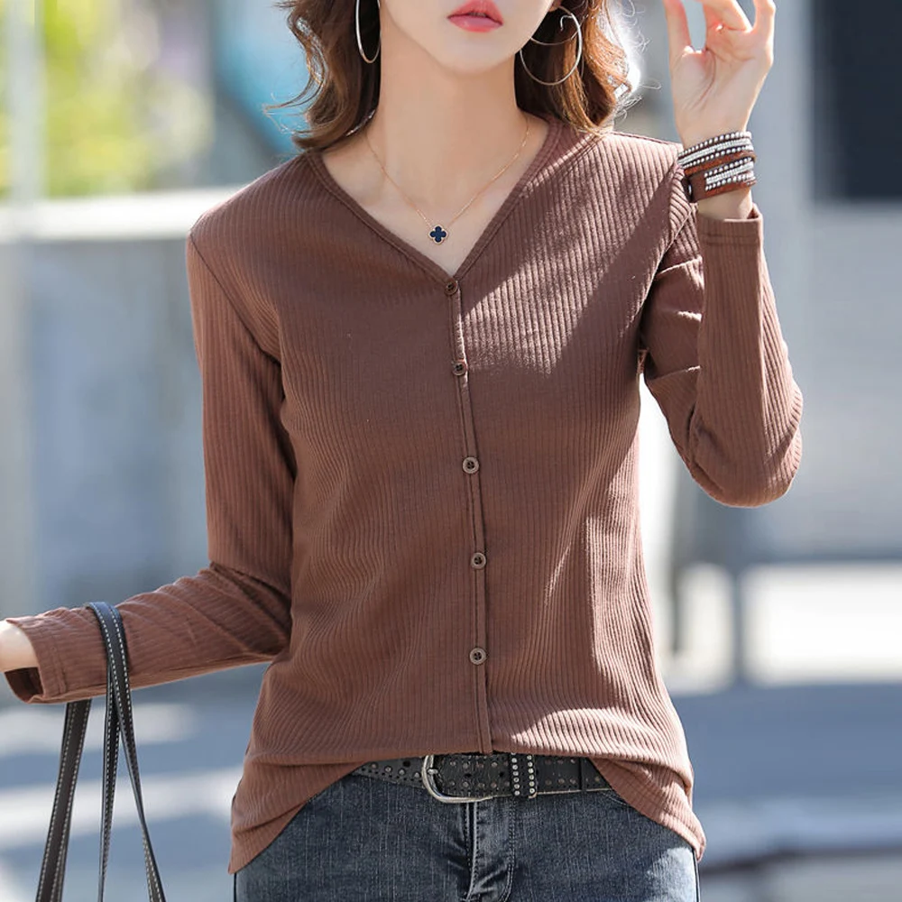 European Station Long sleeved T-shirt Women's Spring and Autumn New Light Luxury High Quality V-neck Pure Cotton Knitted Top