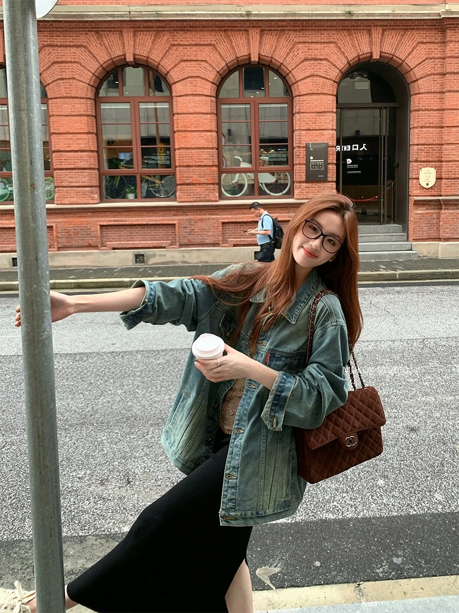 

MUKOK American Sle Retro Denim Jaet Women's Spring New ort Outerwear Loose Fit Collar Button Closure Cotton Blend