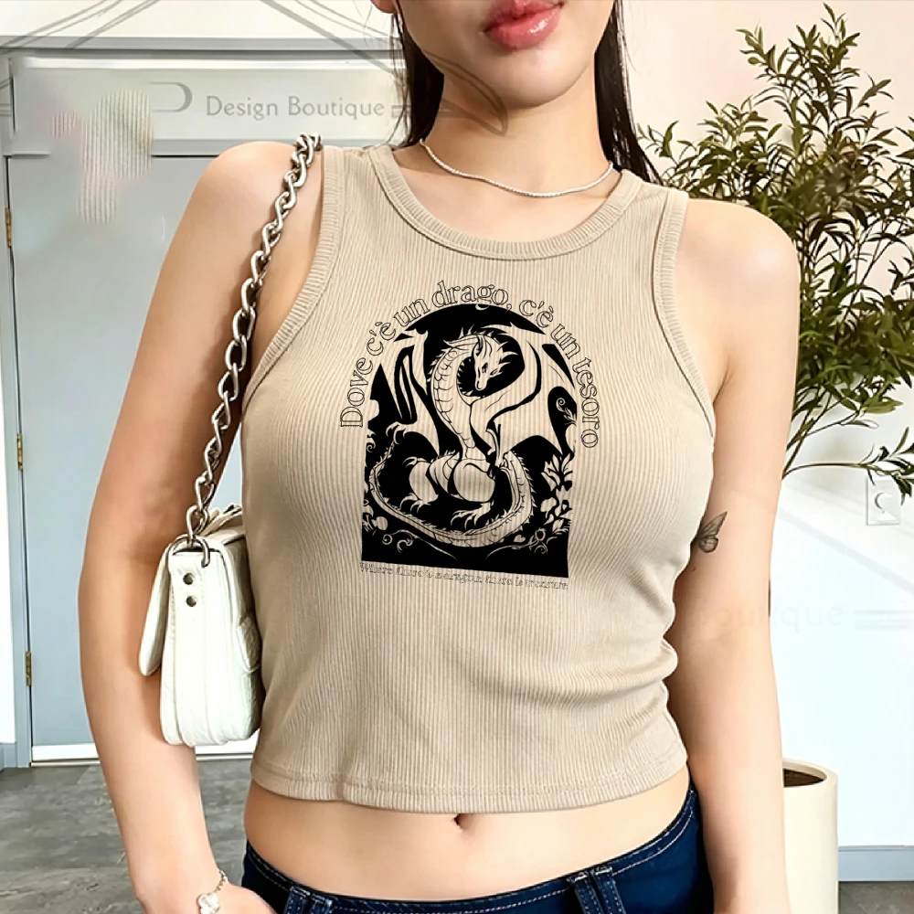 Antique Line Sketch Winged Dragon Rectangle Frame Curved Italian Text Medieval Fantasy Dragon Graphic Crop Tops Tank Top Women