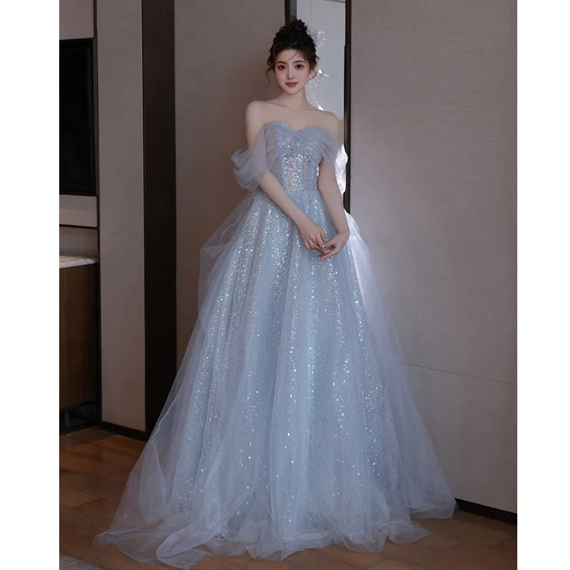 

2023 New Shiny Sequined Tulle Robe De Soiree Fashion A-line Sleeveless Long Dresses Evening Off The Shoulder Lace Dress Party