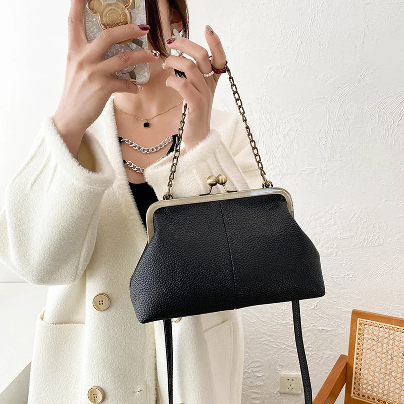 Vintage Soft Skin Shell Tasche Neue Lychee Muster Handtasche Einfache und vielseitige Umhängetasche Clip Kette Umhängetasche Damen Tasche – Detail 11