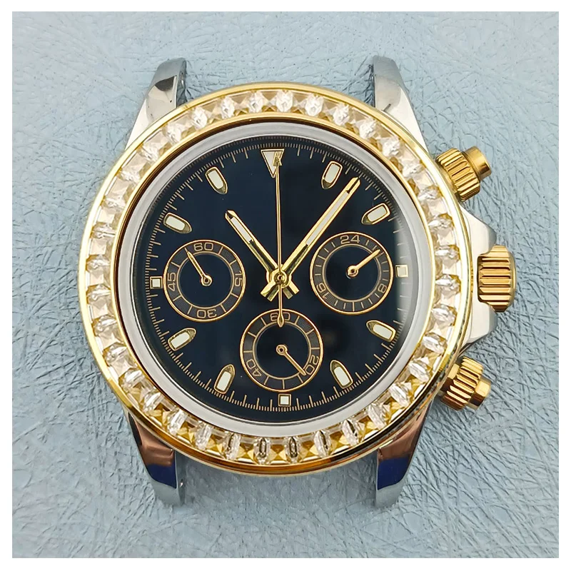 40mm-vk63ムーブメント搭載腕時計ケース、ダイヤモンド付き316lステンレススチールサファイアガラス、5気圧防水、ゴールデンクラウン