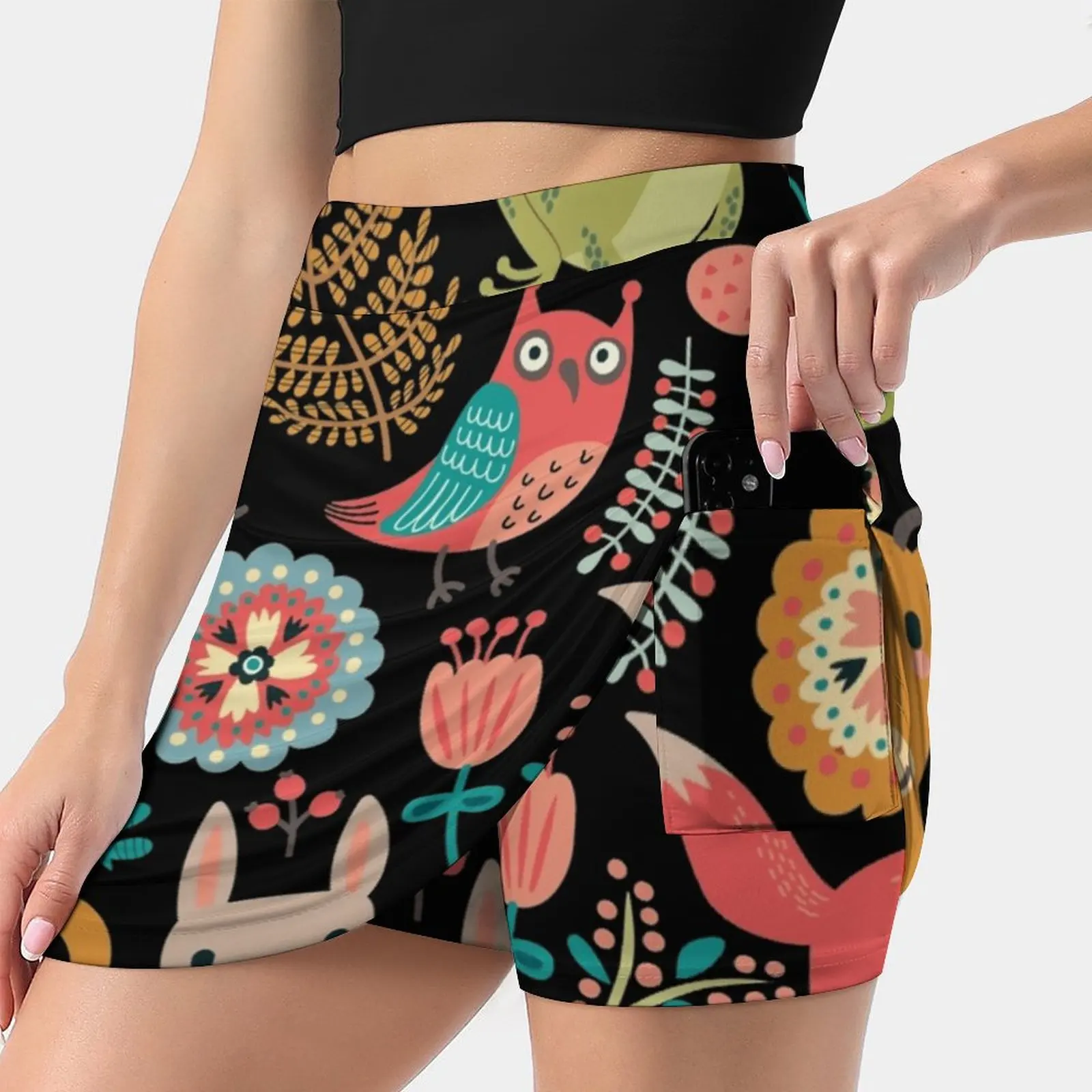 Woodland Animals Pattern Tennis Golf Skirt Sexy A-Line Harajuku Shorts Skirt With Phone Pockets Skort Woodland Forest Animals