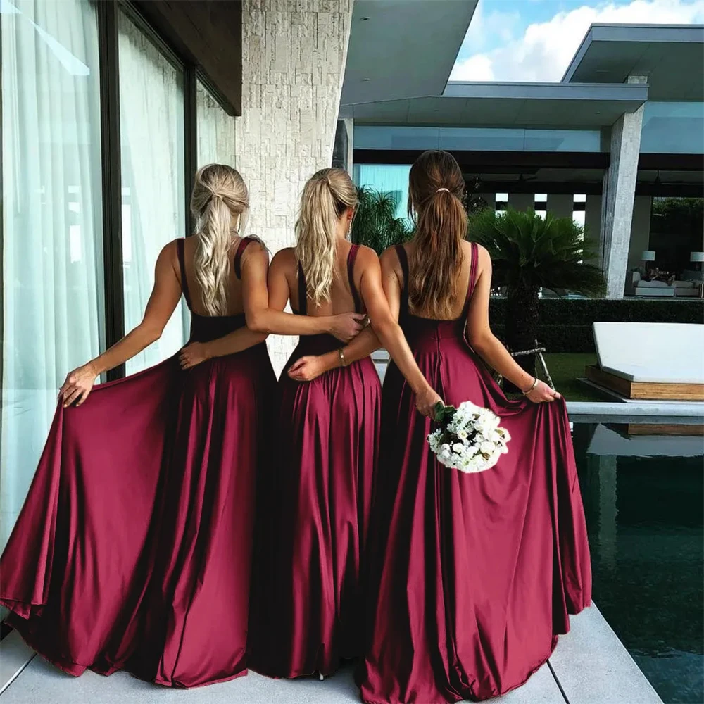 Luxury Burgundy Bridesmaid Dresses A Line Spandex Backless Sexy Split Deep V Neck Prom Evening Dresses Formal Party Gown Robe de