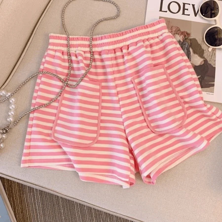 شورت نسائي مخطط عصري لعام 2025 - جيوب جانبية بخصر مطاطي، وردي/أسود حلو منفعل كاجوال لربيع وصيف Y2K EMO