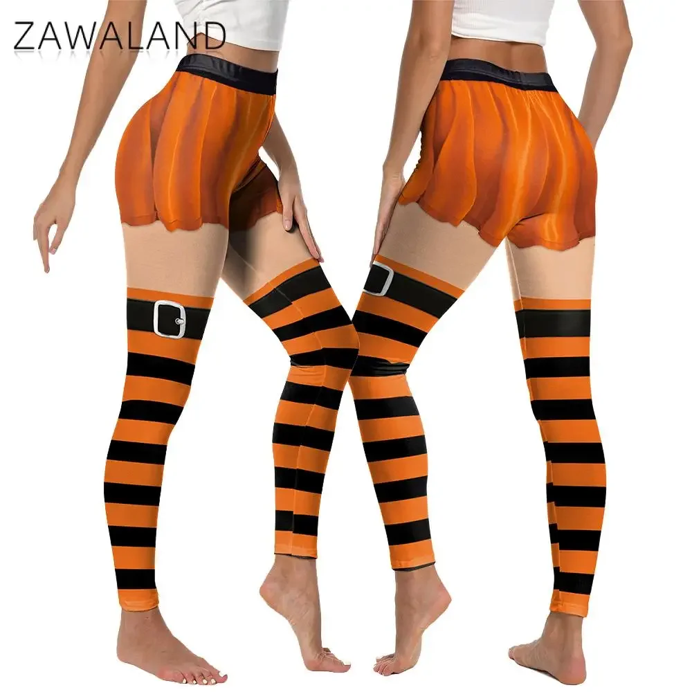 

Zawaland Pumpkin Striped Pattern Halloween Leggings for Women Orange Cosplay Pants Mid Waist Elastic Yoga Trousers Party Tights