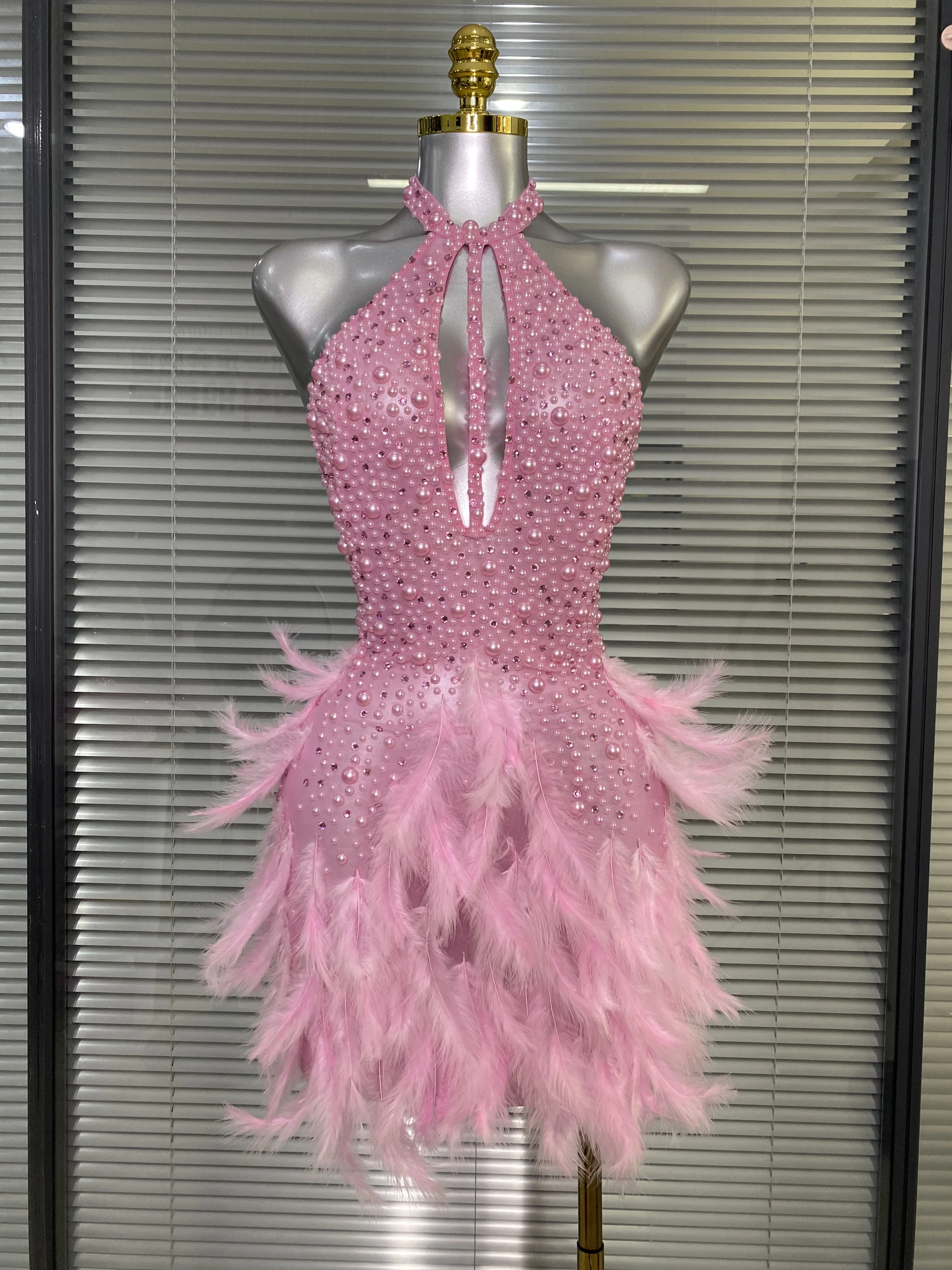 المرأة مثير عارية الذراعين شبكة الماس الريش أداء زي المرحلة راقصة البسيطة بسط ليلة نادي فستان الحفلات #2