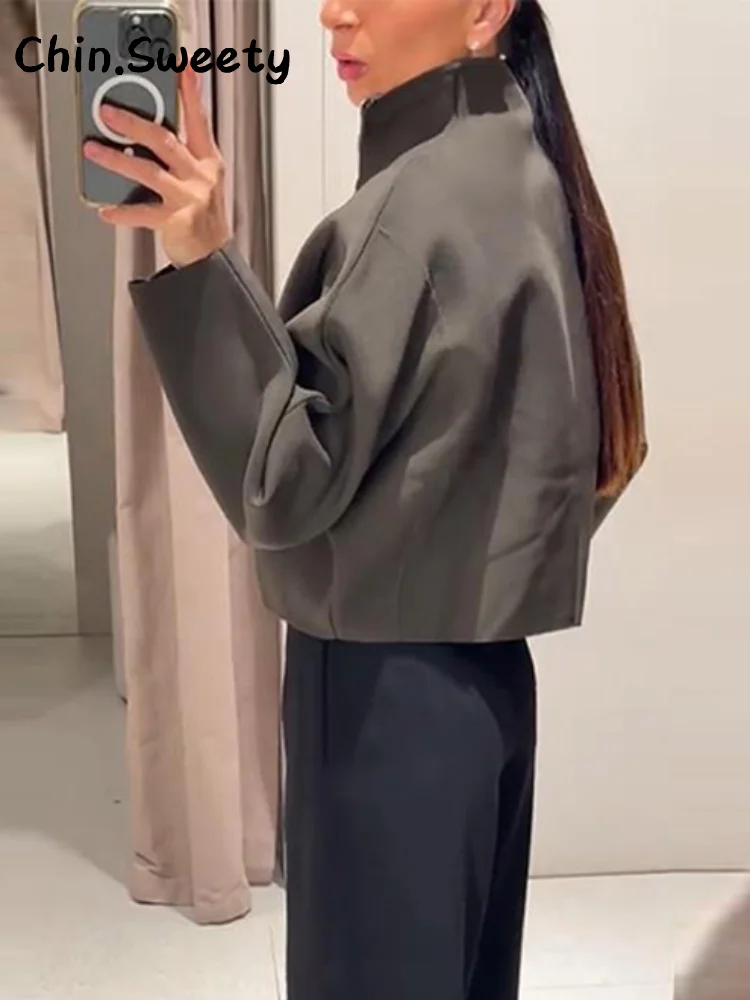 Ležérní dámské pletené zkrácené bundy se stojáčkem, volné kabáty s dlouhým rukávem a zipem, podzim/zima 2025, elegantní dámské outfity na dojíždění - náhled 3