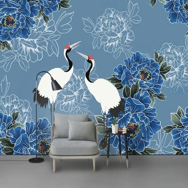

The background wall of the luxurious home bedroom with a modern Chinese trend floral and crane pattern TV