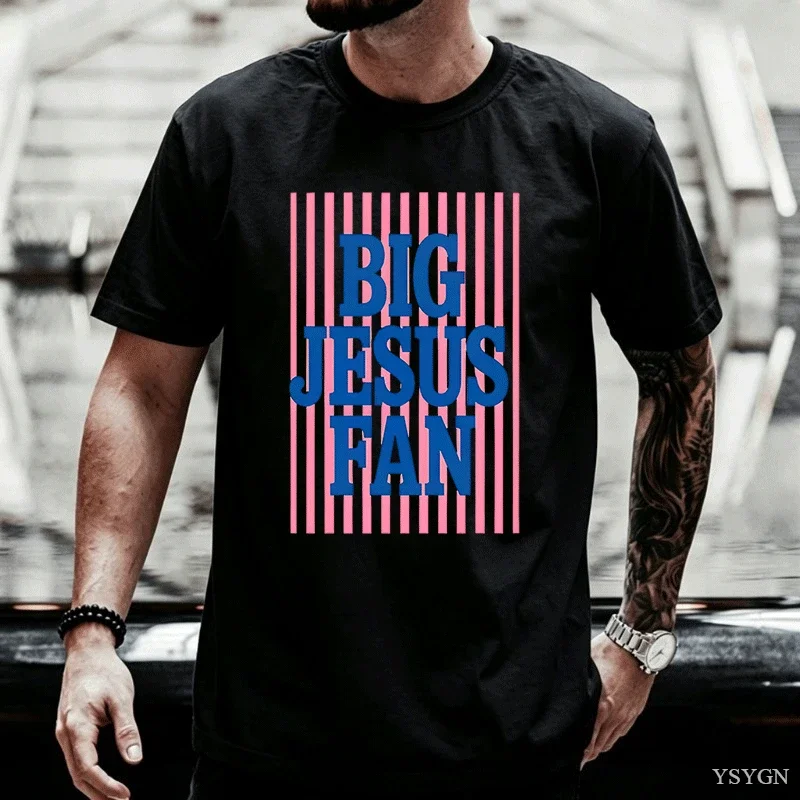 Big Jesus Fan T Shirt Mens Religious Short Sleeve Printed T-shirt Striped Preppy Christian T-Shirt Faith Pullover Round Neck Top